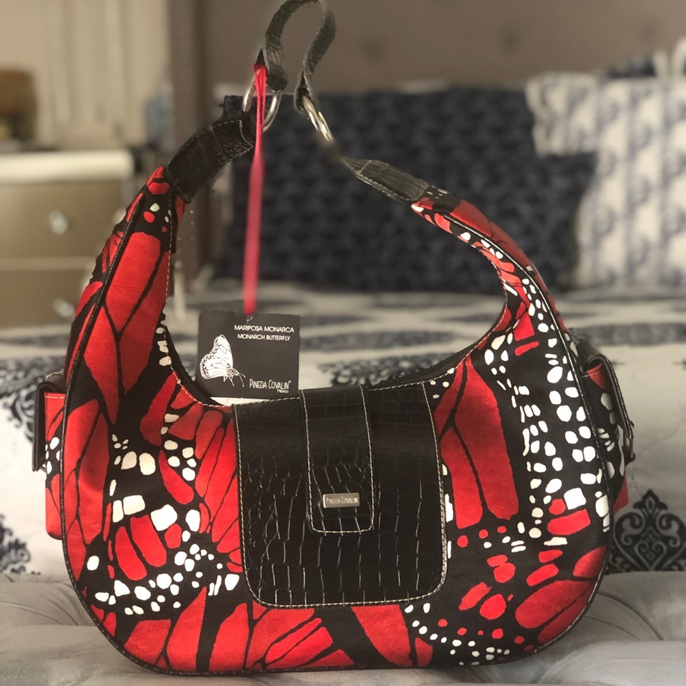Pineda Covalin red butterfly leather and silk bag